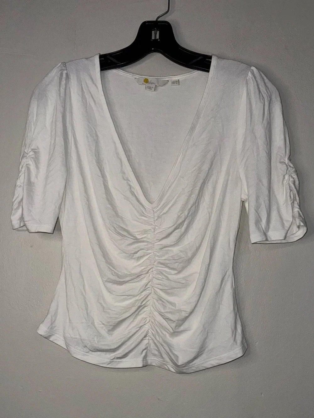 Boden White Ruched V-Neck Puff Sleeve Top
